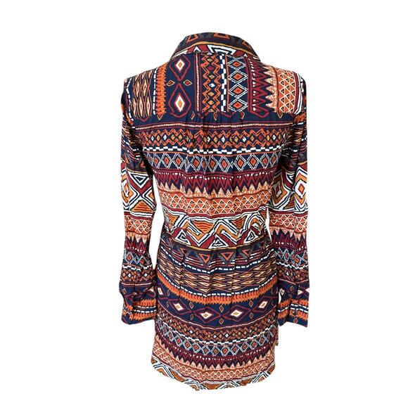 NEW Entro Women's Ikat Geometric Print Draw String Shirt Dress Boho Colorful S - Picture 2 of 7